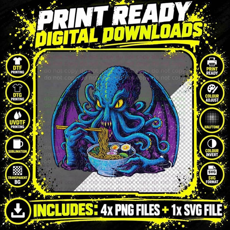 Ramen Cthulhu Japanese Ukiyo-E Horror Art Anime Funny Png SVG Digital Bundle