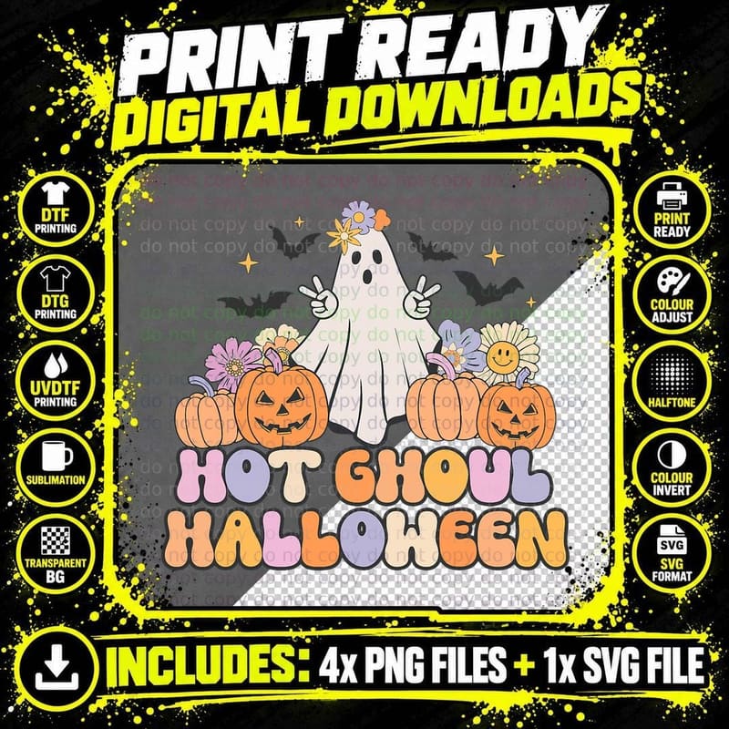 Retro Floral Ghost Halloween Pumpkin Hot Ghoul Halloween Png SVG Digital Bundle