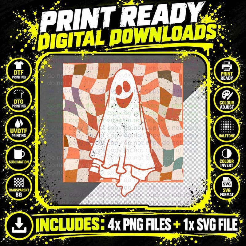 Retro Groovy Cute Ghost Halloween Checkered Spooky Png SVG Digital Bundle