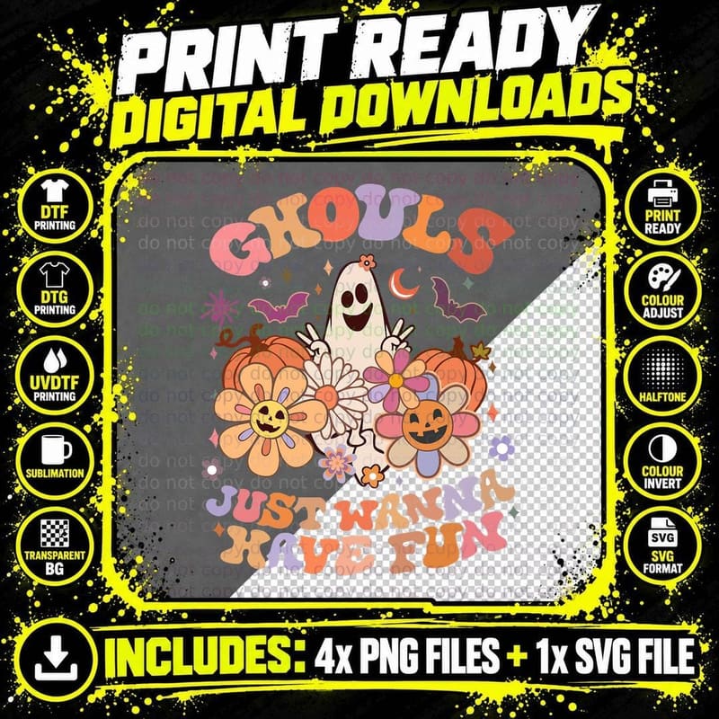 Retro Groovy Halloween Women Men Ghouls Just Wanna Have Png SVG Digital Bundle