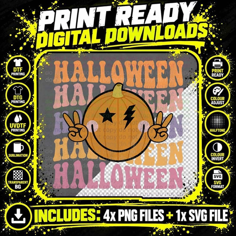 Retro Groovy Happy Halloween Pumpkin Face Hippie Spooky Png SVG Digital Bundle
