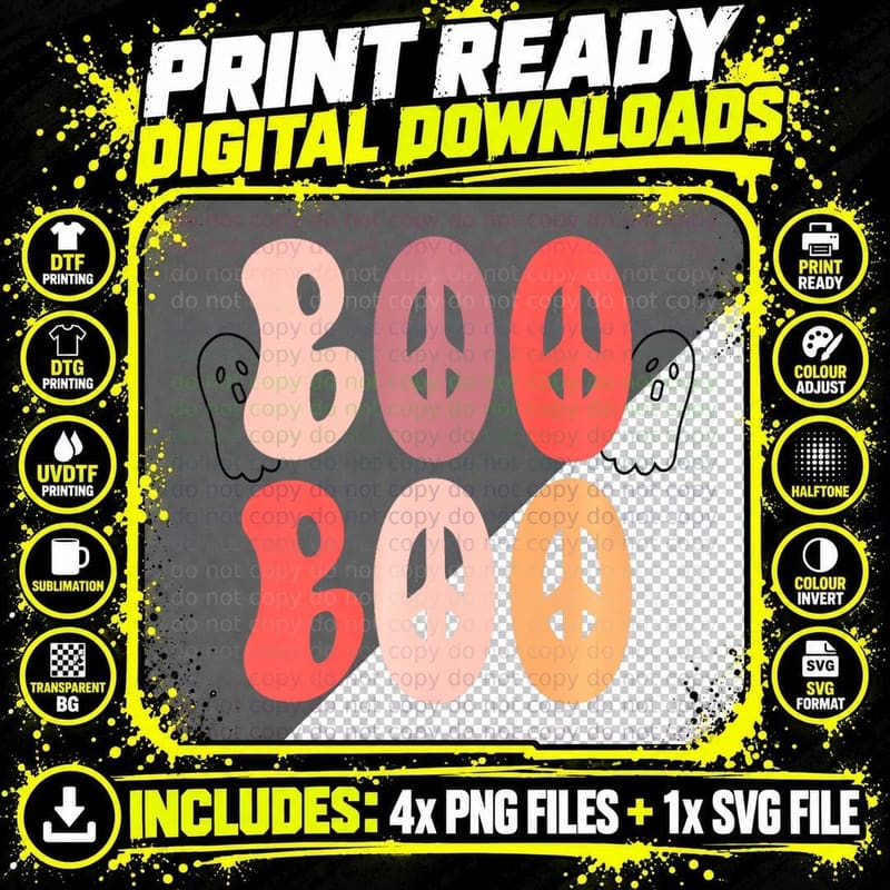 Retro Halloween Boo Peace Sign Ghost, Spooky Tee Png SVG Digital Bundle