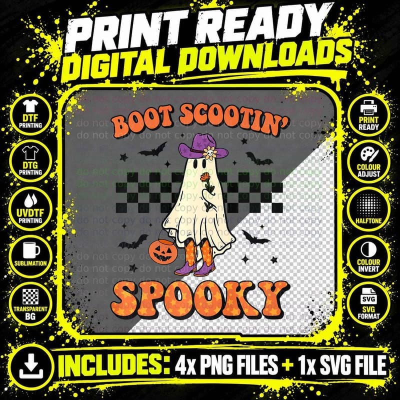 Retro Halloween Cowgirl Ghost Western Boot Scootin Png SVG Digital Bundle