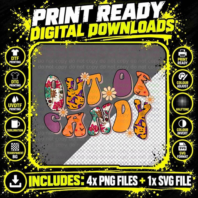 Retro Halloween Out of Candy, Spooky Tee Png SVG Digital Bundle