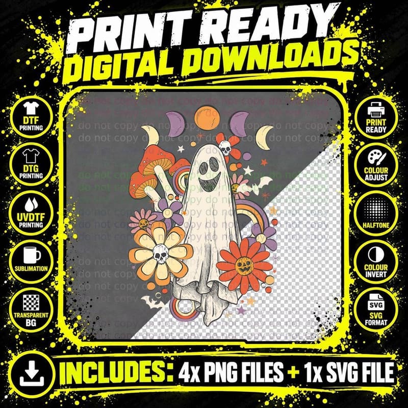 Retro Halloween Party Groovy Cute Spooky Ghost Floral Png SVG Digital Bundle