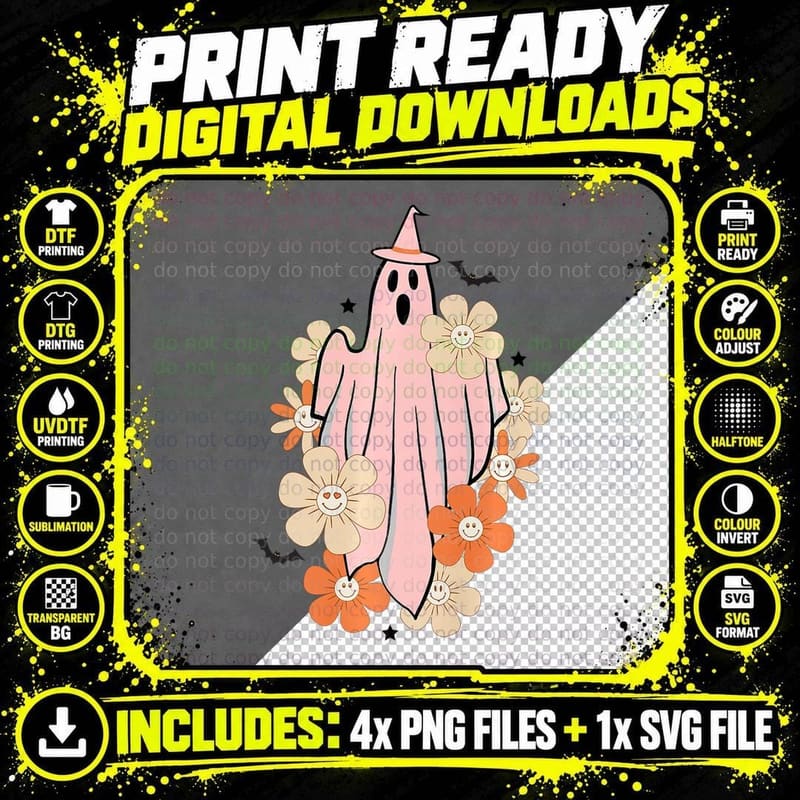 Retro Halloween Party Groovy Cute Spooky Ghost Floral Png SVG Digital Bundle