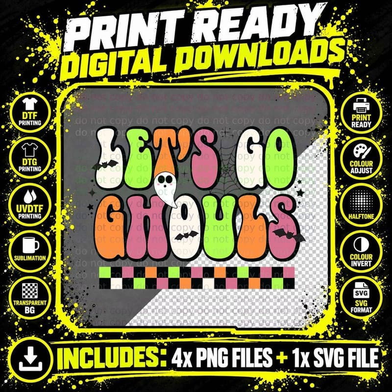 Retro Hippie Halloween Lets Go Ghouls Funny Halloween Png SVG Digital Bundle