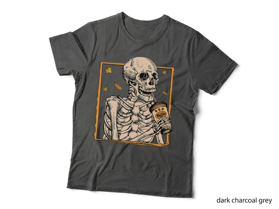 Retro Skull Skeleton Drinking Coffee Cup Vintage Halloween T-Shirt