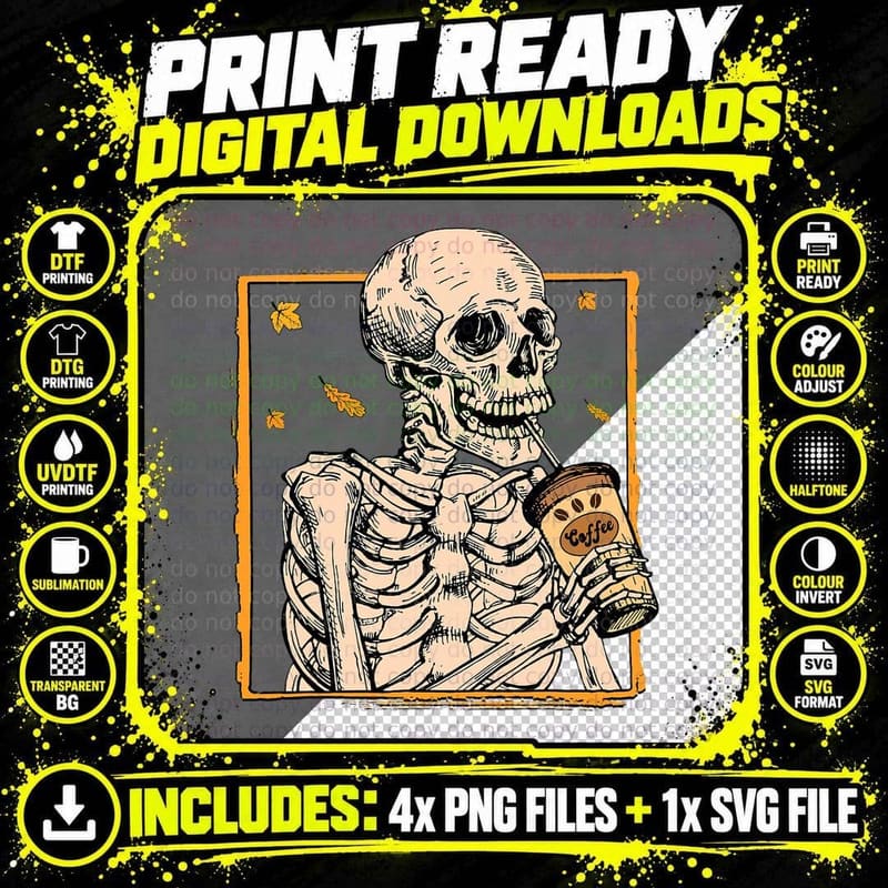 Retro Skull Skeleton Drinking Coffee Cup Vintage Png SVG Digital Bundle