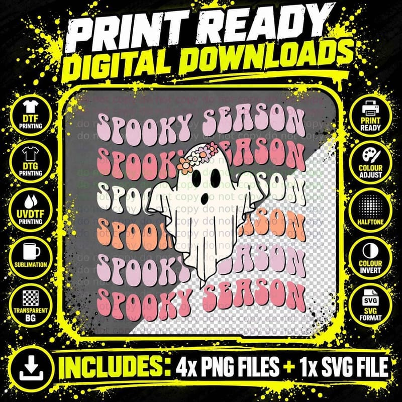 Retro Spooky Vibes Groovy Shirt Cute Ghost Halloween Png SVG Digital Bundle
