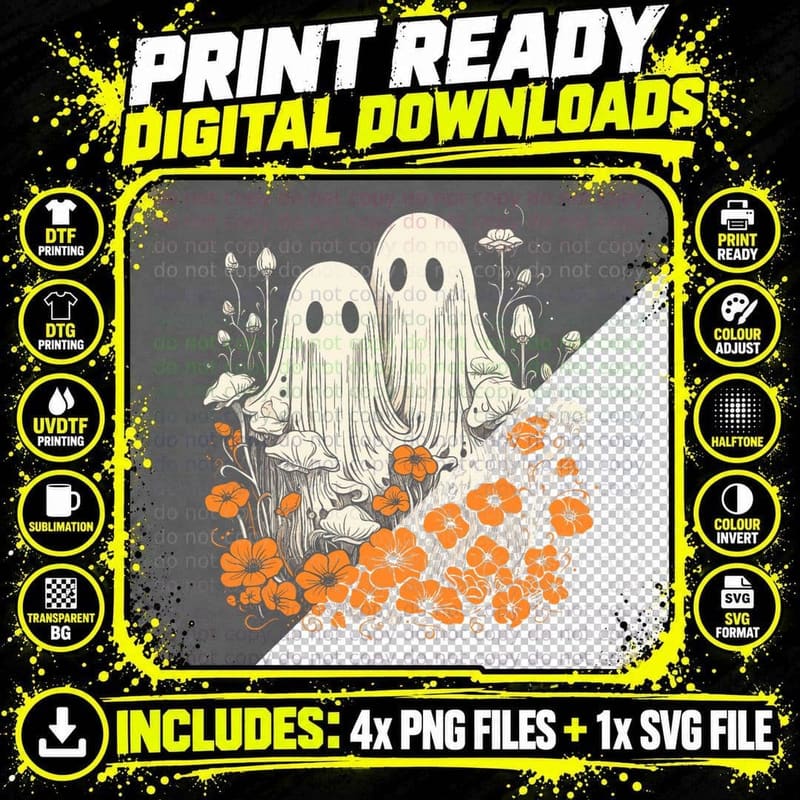 Retro Vintage Halloween Ghosts Boo Fantasy Flowers Png SVG Digital Bundle
