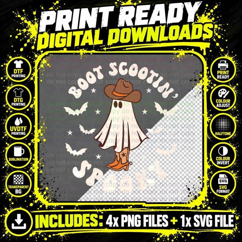Retro Western Halloween Cute Ghost Funny Boot Scootin Png SVG Digital Bundle