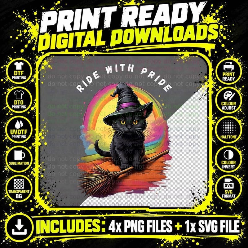 Ride with Pride Queer Witchy Lgbt Rainbow Cat Meme Png SVG Digital Bundle