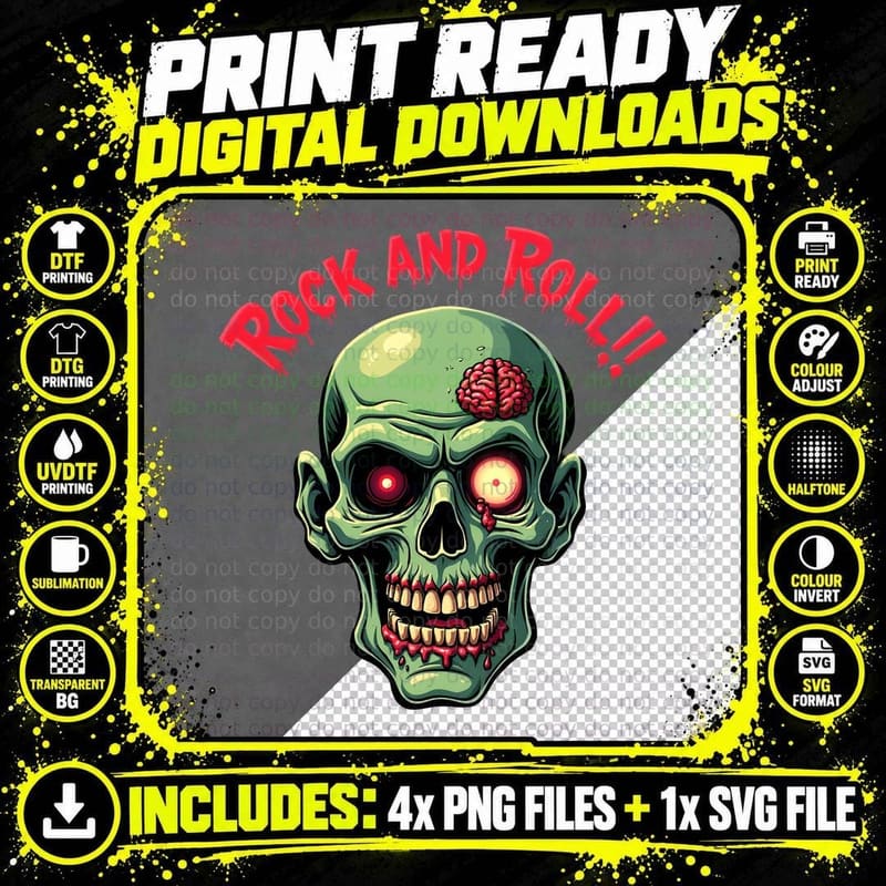 Rock and Roll, Music, Metal, Zombie Head, Halloween Png SVG Digital Bundle