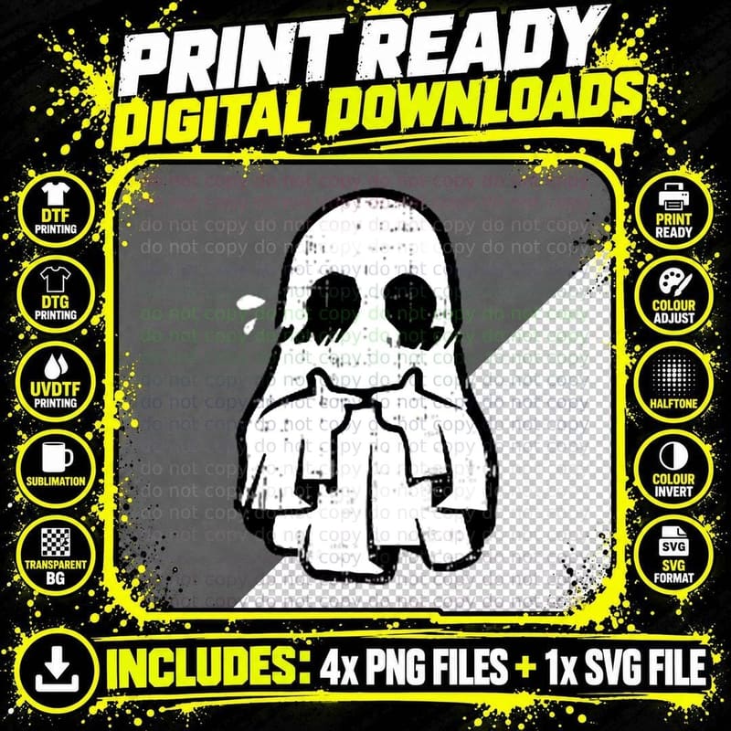 Sad Ghost Halloween Costume Ghoul Spirit Men Women Kids Png SVG Digital Bundle