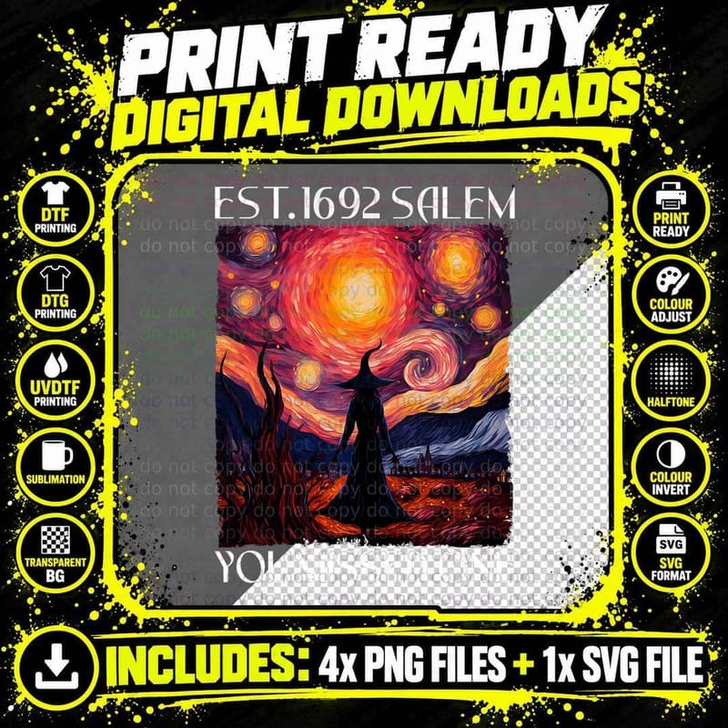 Salem 1692 They Missed One Witch Halloween Van Gogh Png SVG Digital Bundle