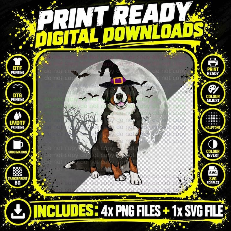Scary Bernese Mountain Dog Witch Hat Halloween T-Shirt Png SVG Digital Bundle
