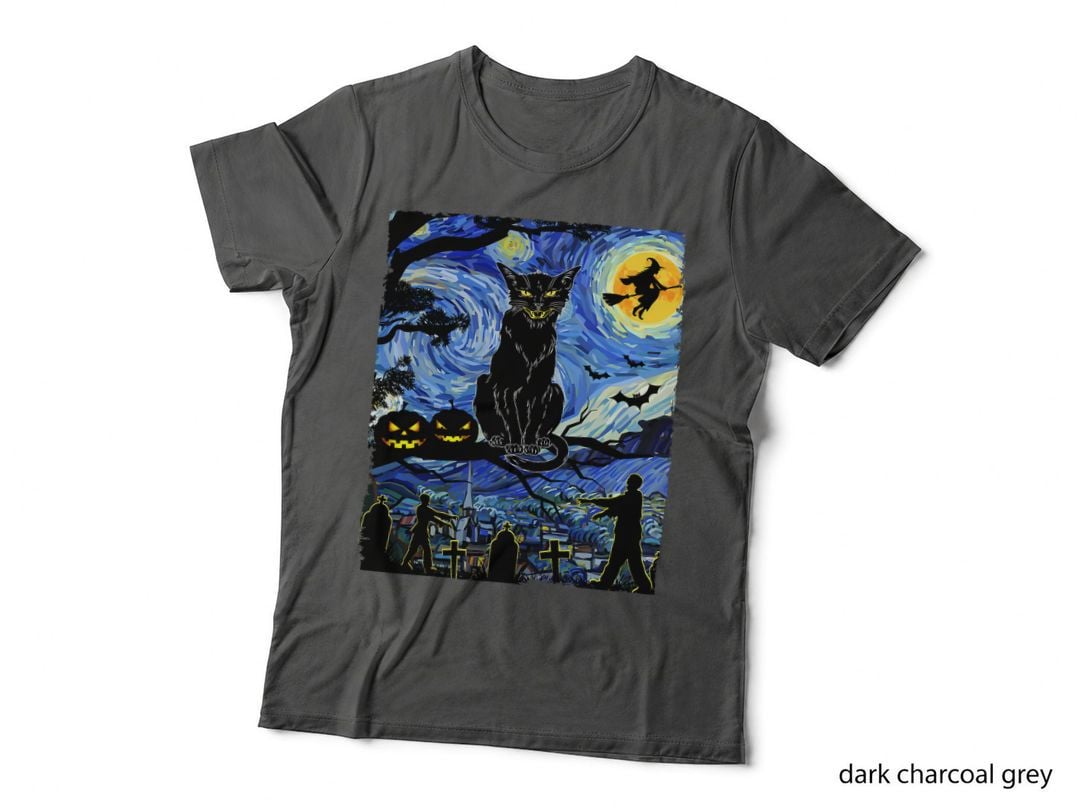 Scary Night Black Cat Halloween Pumpkin Men Women Boys Girls T-Shirt