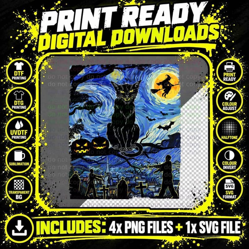 Scary Night Black Cat Halloween Pumpkin Men Women Boys Png SVG Digital Bundle