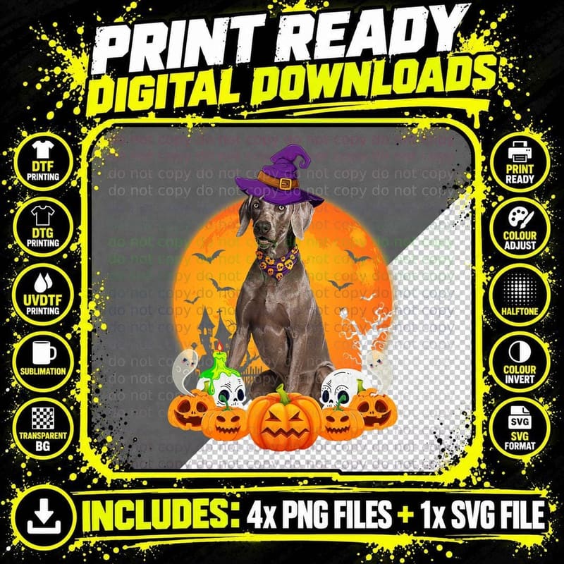 Scary Pumpkin Skull Witch Weimaraner Dog Halloween Png SVG Digital Bundle