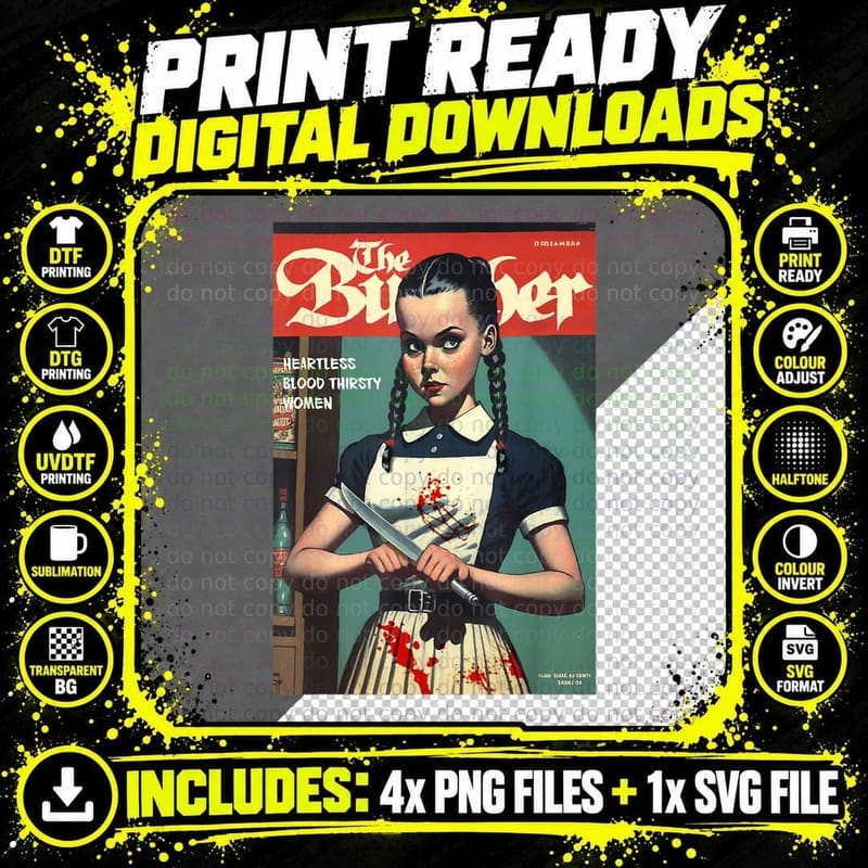 Sinister Girl Holding Knife 1960s Horror Comic Book Png SVG Digital Bundle