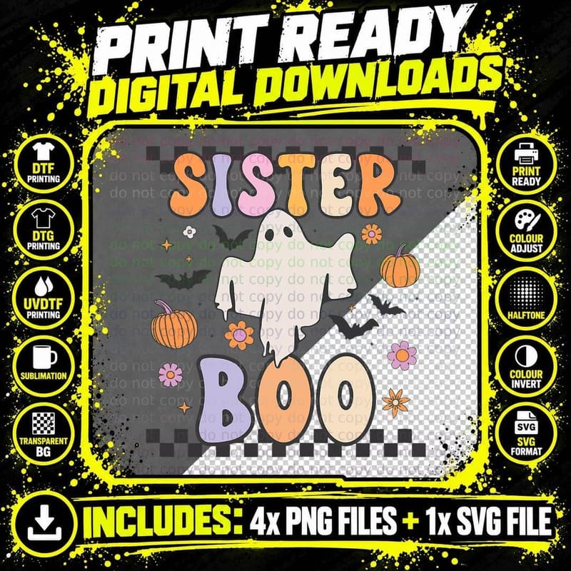 Sister Boo Cute Retro Groovy Ghost Halloween Family Png SVG Digital Bundle