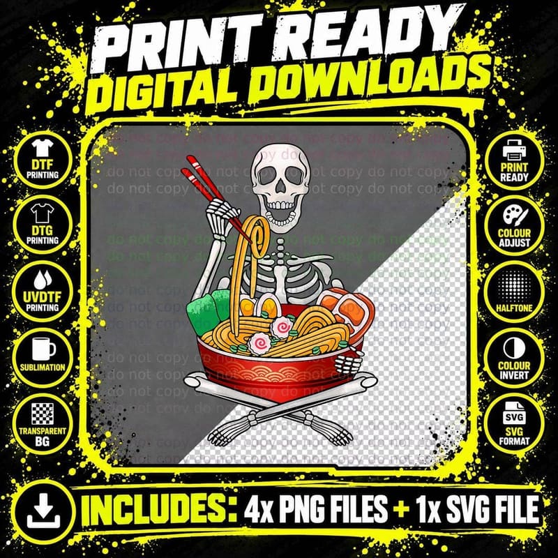 Skeleton Anime Japanese Food Ramen Lovers T-Shirt Png SVG Digital Bundle