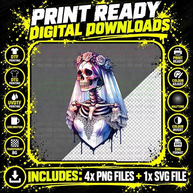 Skeleton Bride Halloween, Horror, Goth T-Shirt Png SVG Digital Bundle