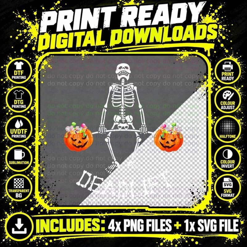 Skeleton Dead Lift Candy Buckets Gym Workout Halloween Png SVG Digital Bundle