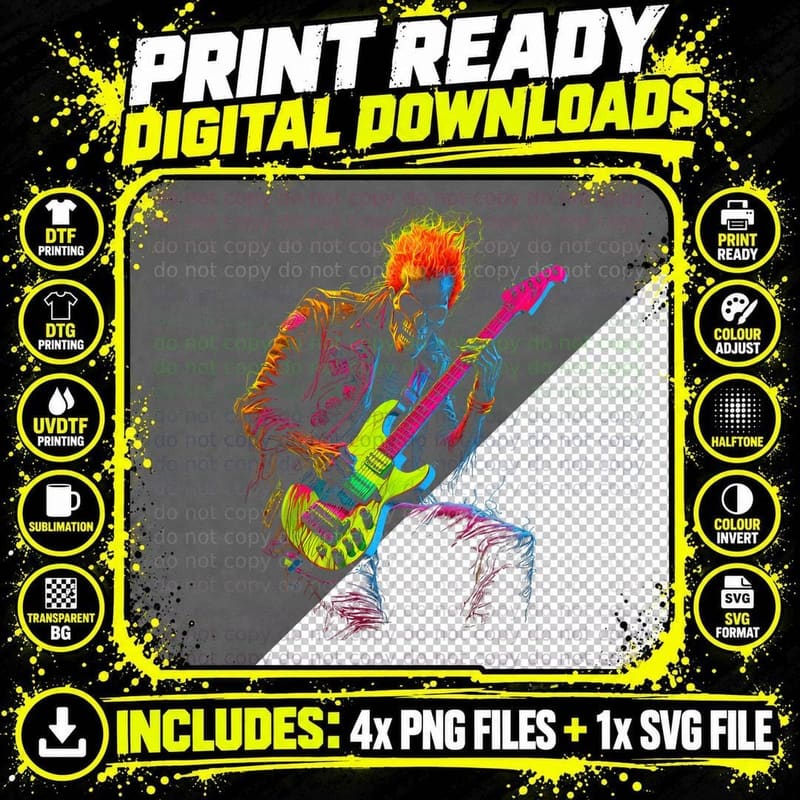 Skeleton Graphic Tee Playing Guitar Rock Band for Men Png SVG Digital Bundle