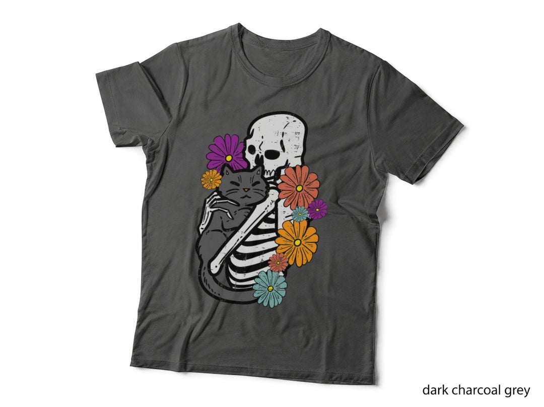 Skeleton Hugging Black Cat Flowers Halloween Women Girls T-Shirt