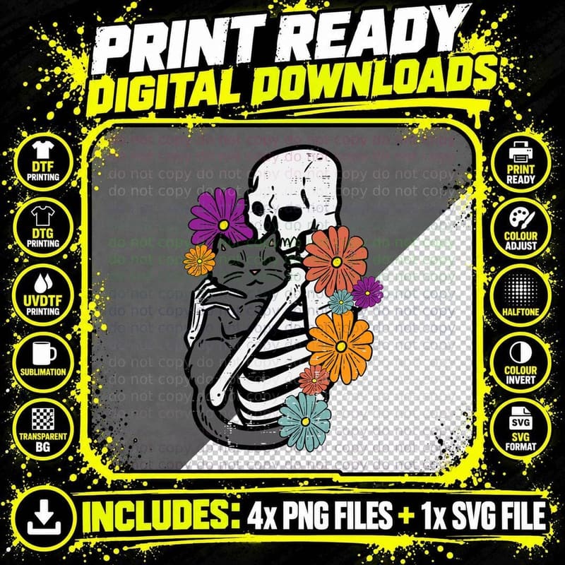 Skeleton Hugging Black Cat Flowers Halloween Women Girls Png SVG Digital Bundle