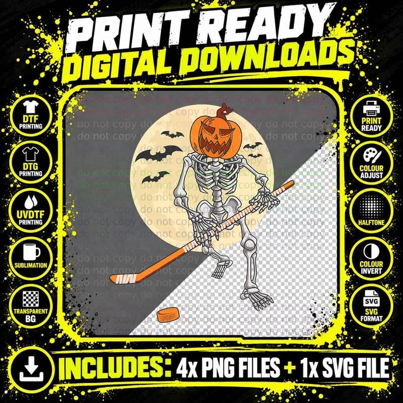 Skeleton Ice Hockey Halloween Cool Pumpkin Boys Men Png SVG Digital Bundle
