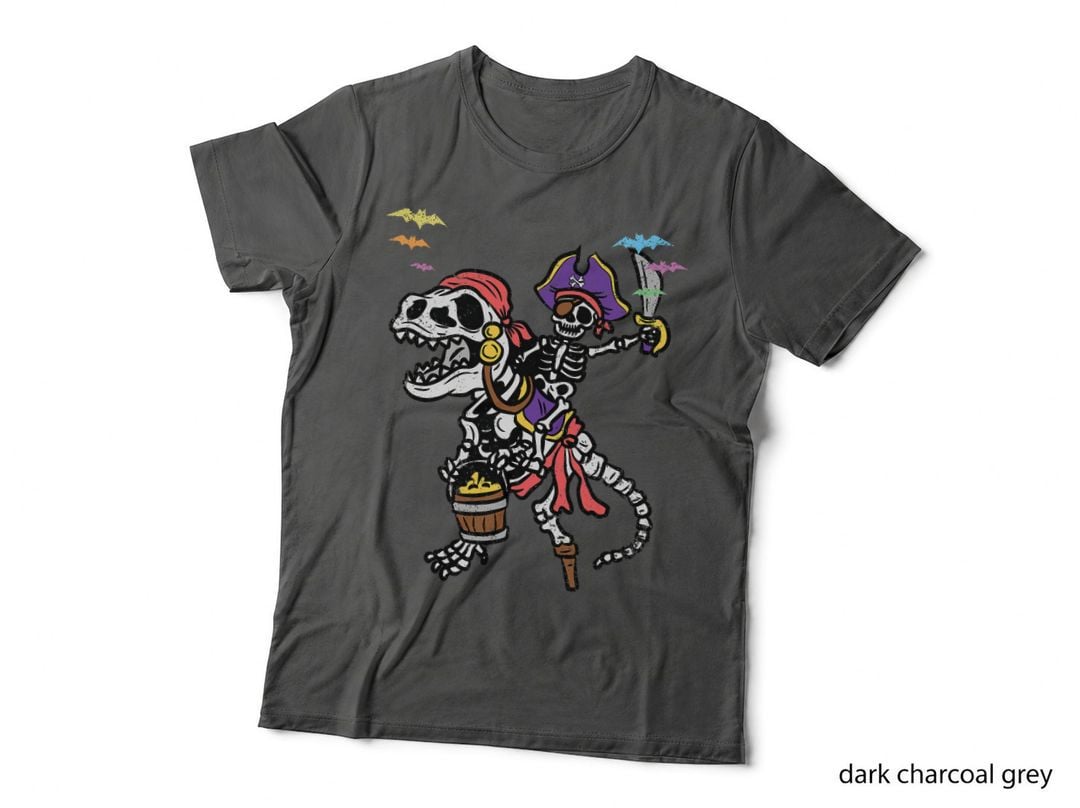 Skeleton Pirate Riding T-Rex Halloween Costume Dinosaur Boys T-Shirt