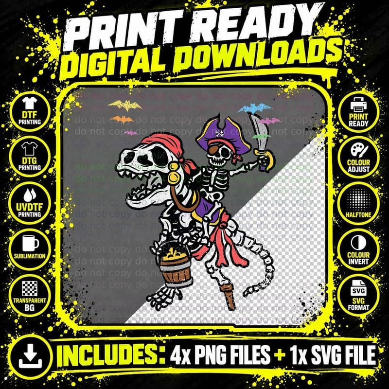 Skeleton Pirate Riding T-Rex Halloween Costume Dinosaur Png SVG Digital Bundle
