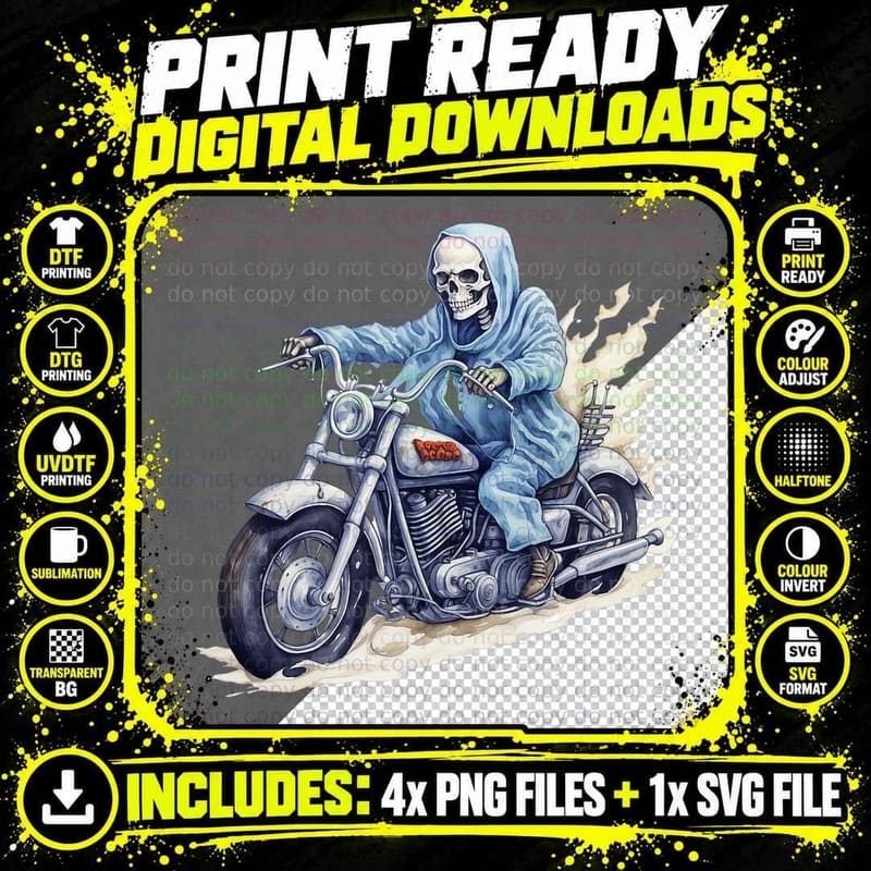Skeleton Riding Motorcycle Halloween Costume Biker Men Png SVG Digital Bundle