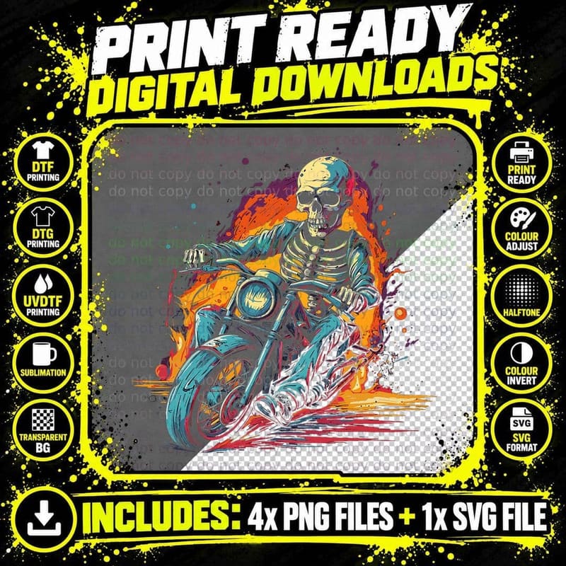 Skeleton Riding Motorcycle Halloween Costume Biker Png SVG Digital Bundle