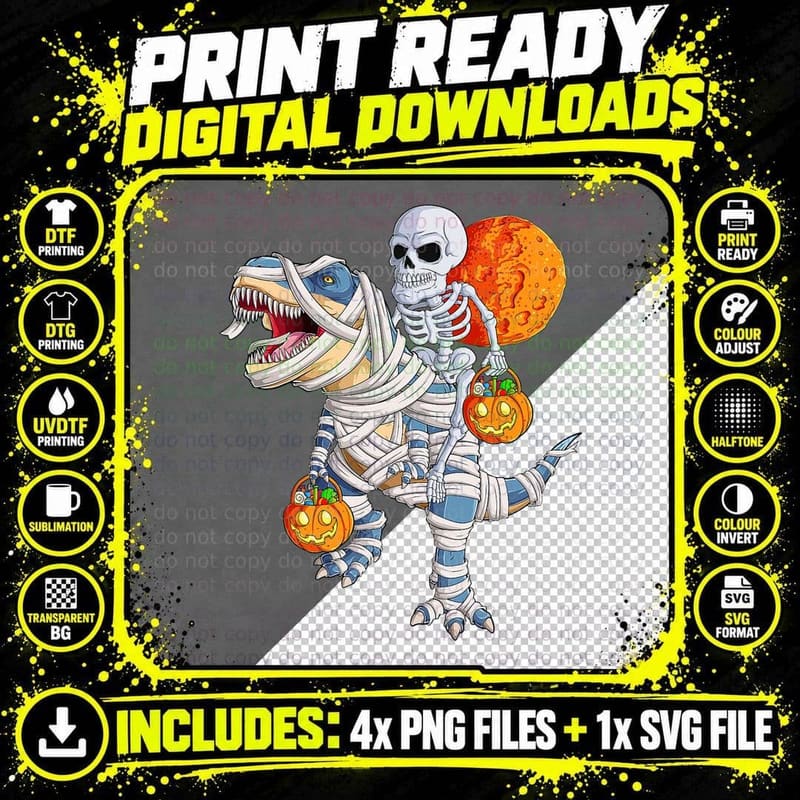 Skeleton Riding Mummy Dinosaur T Rex Halloween Funny Png SVG Digital Bundle