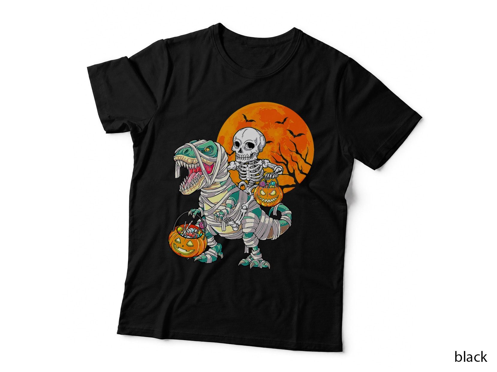 Skeleton Riding Mummy Dinosaur T Rex Halloween Pumpkin Boys T-Shirt