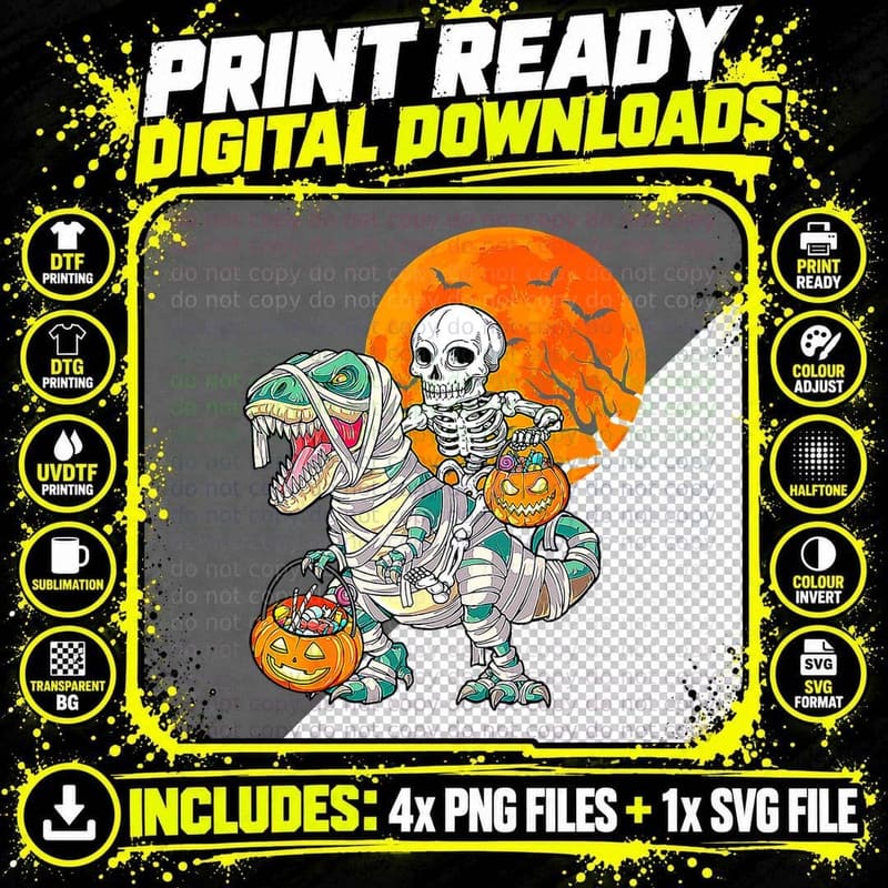 Skeleton Riding Mummy Dinosaur T Rex Halloween Pumpkin Png SVG Digital Bundle
