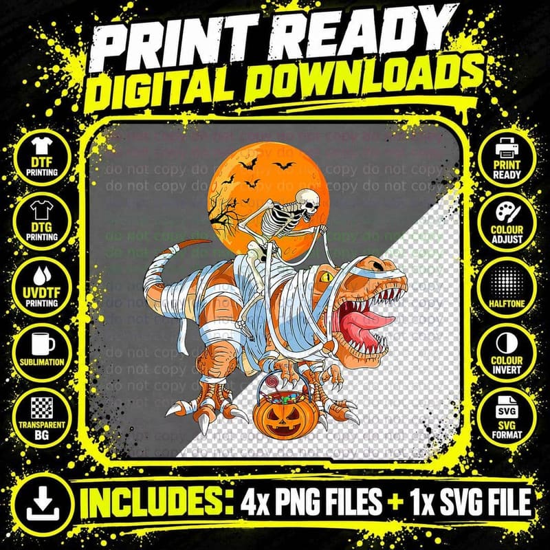 Skeleton Riding Mummy Dinosaurs T Rex Halloween Pumpkin Png SVG Digital Bundle