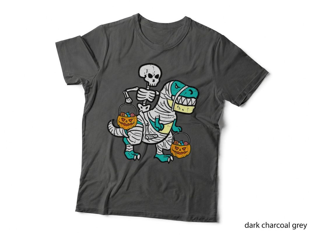 Skeleton Riding Mummy T Rex Pumpkin Retro Halloween Costume T-Shirt