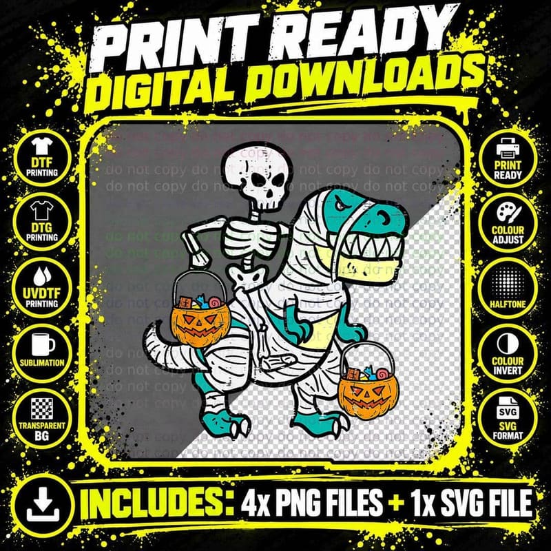 Skeleton Riding Mummy T Rex Pumpkin Retro Halloween Png SVG Digital Bundle