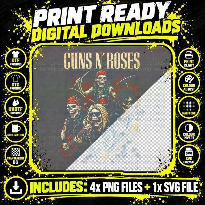 Skeleton Rock Band Tee, Guns N' Roses Print Png SVG Digital Bundle