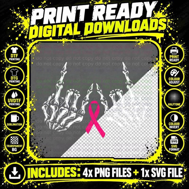 Skeleton Rock Hand Breast Cancer Awareness Cool Pink Png SVG Digital Bundle