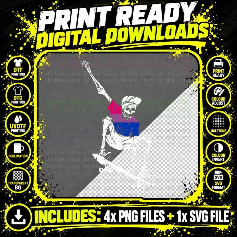 Skeleton Skateboarding Bisexual Pride LGBT-Q Png SVG Digital Bundle