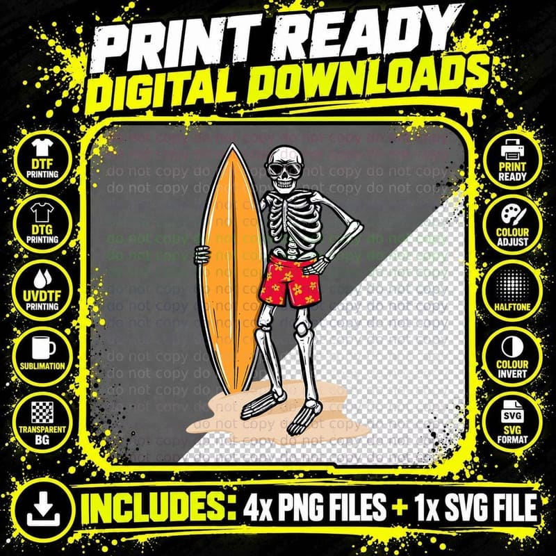Skeleton Surfer - Surfboard Surfing Board Lover Png SVG Digital Bundle