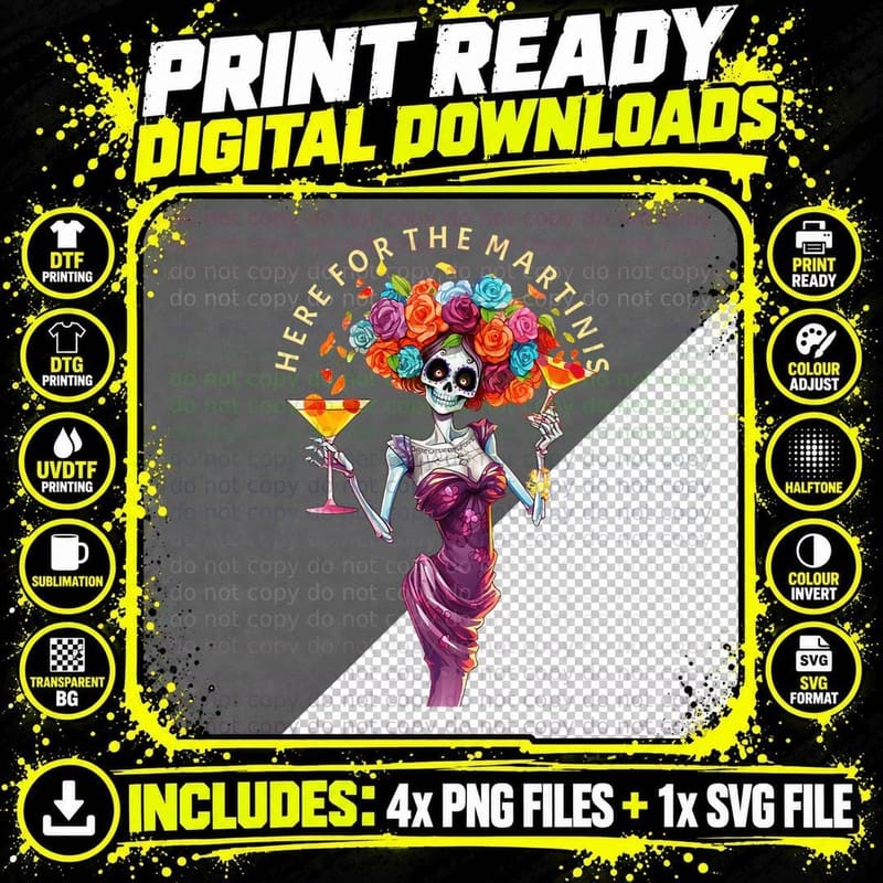 Skeleton Woman with a Martini Goth Gothic Retro Png SVG Digital Bundle