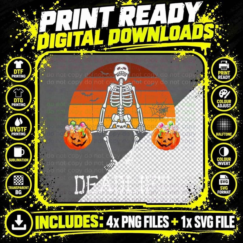Skeleton with Pumpkins T-Shirt, Deadlift Tee Png SVG Digital Bundle