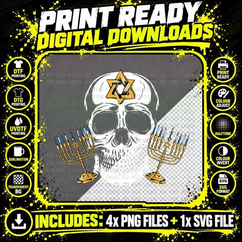 Skull Menorah Hanukkah Cool Skeleton Chanukah Jewish Png SVG Digital Bundle